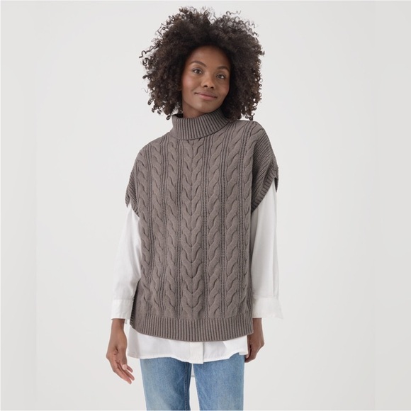 PACT Cable Knit Poncho Pullover Organic Cotton Turtleneck Sweater Fisherman Gray - Picture 9 of 10